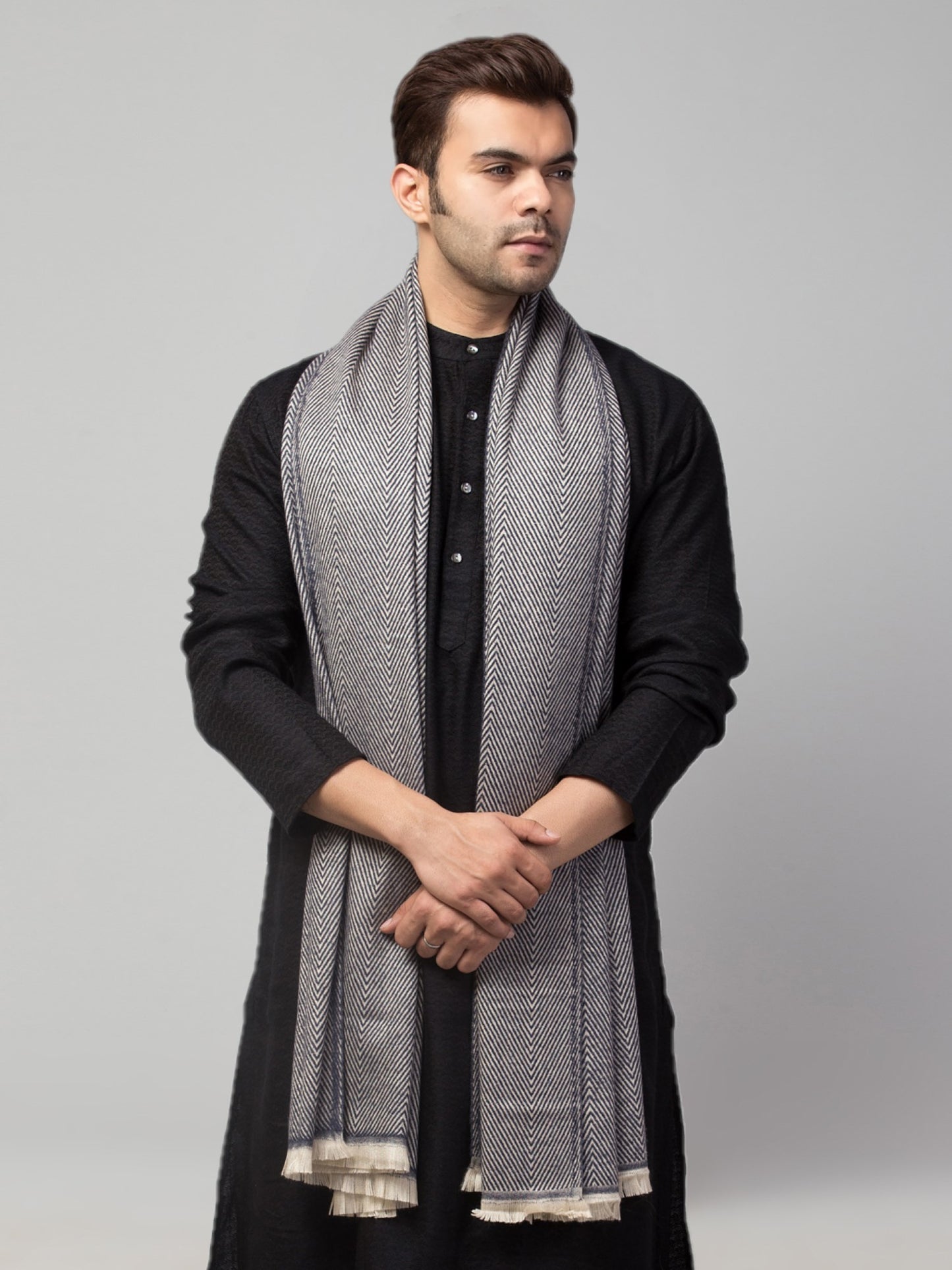 Tweedle Heringbone Design Super Soft Woolen Stole / Scarf for Men - Grey (28 x 80 inches)