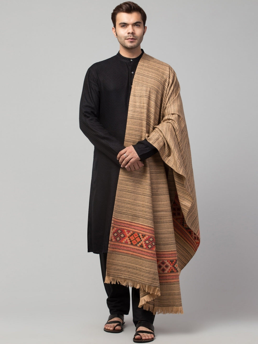 Ethnic Kullu Shawl for Men – Traditional Himachali Design with Tribal Motifs | Beige