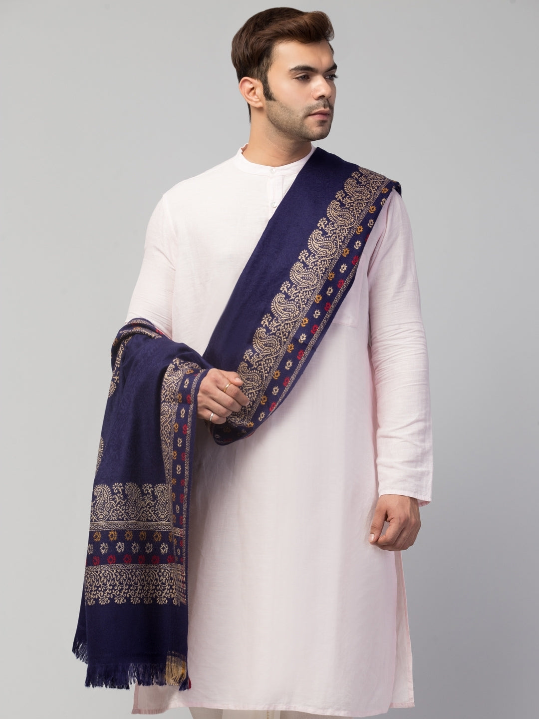 Jamawar Weave Plain Self Design Shawl with Ornamental Border | Blue