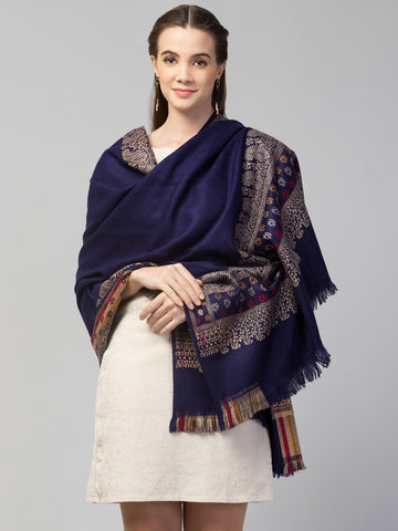Jamawar Weave Plain Self Design Shawl with Ornamental Border | Blue