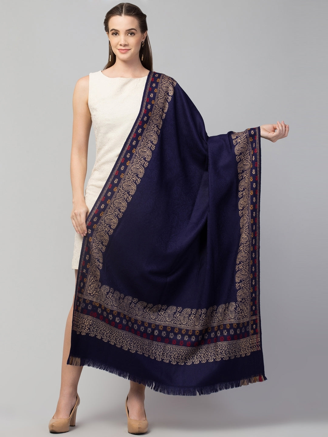 Jamawar Weave Plain Self Design Shawl with Ornamental Border | Blue