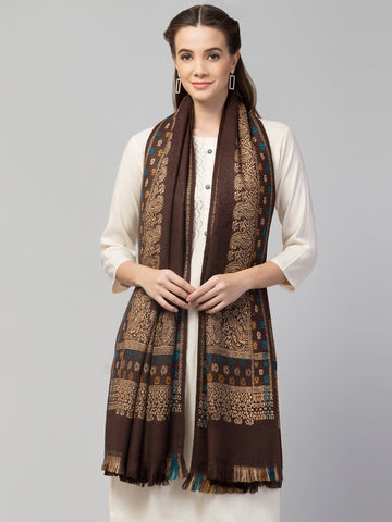 Jamawar Weave Plain Self Design Shawl with Ornamental Border | Brown