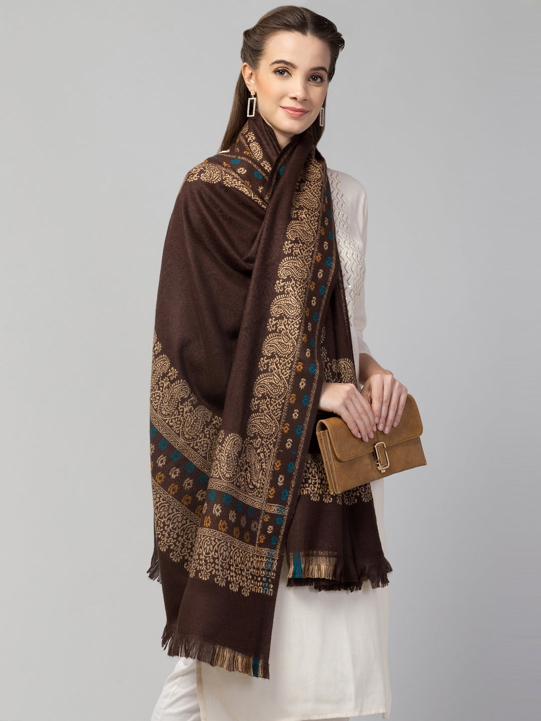 Jamawar Weave Plain Self Design Shawl with Ornamental Border | Brown