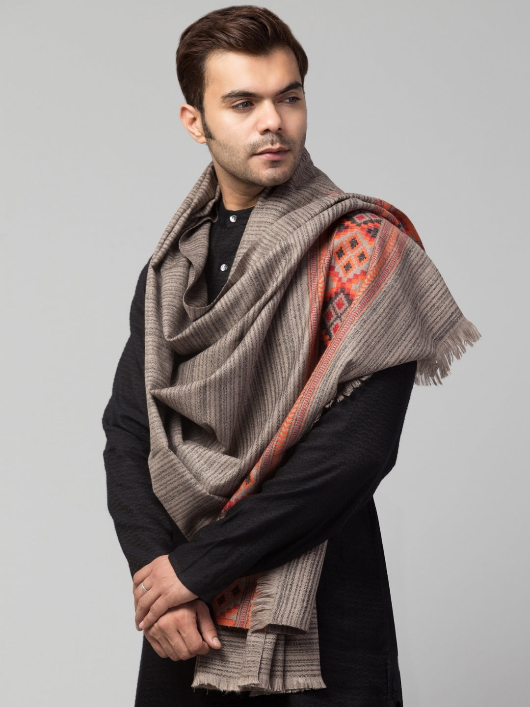 Ethnic Kullu Shawl for Men – Traditional Himachali Design with Tribal Motifs | Grey