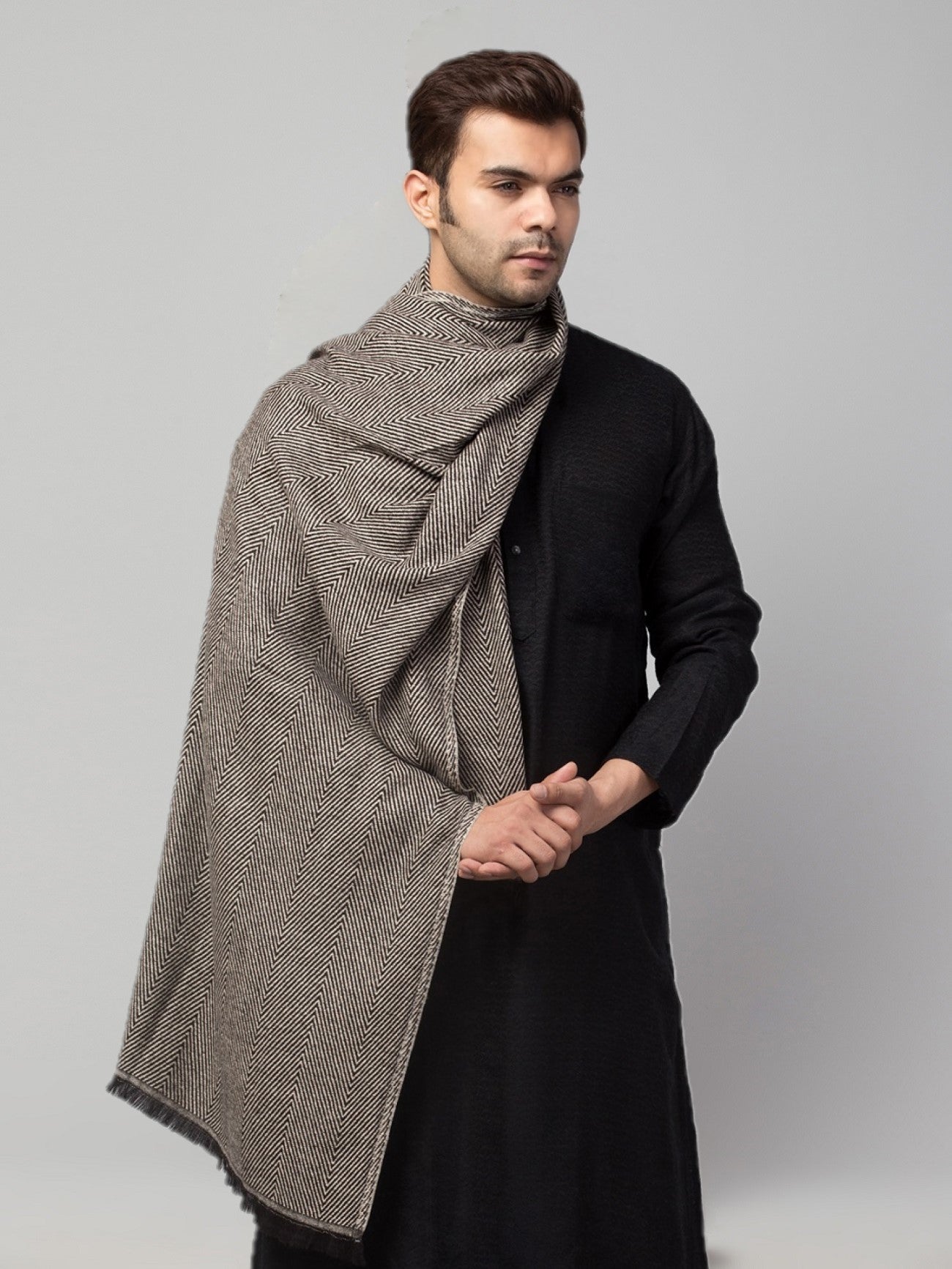 Tweedle Heringbone Design Super Soft Woolen Stole / Scarf for Men - Black (28 x 80 inches)