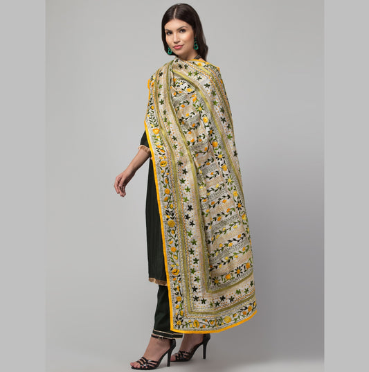 tweedle Offwhite Chanderi Phulkari Hand Embdoidery Dupatta For Women Yellow, Free Size