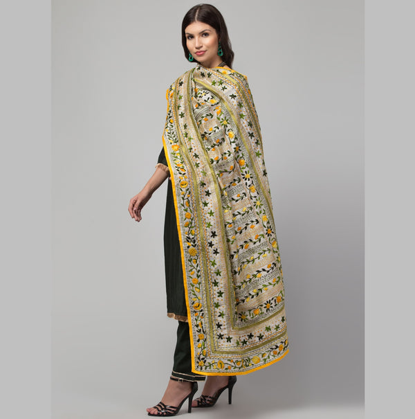 tweedle Offwhite Chanderi Phulkari Hand Embdoidery Dupatta For Women Yellow, Free Size