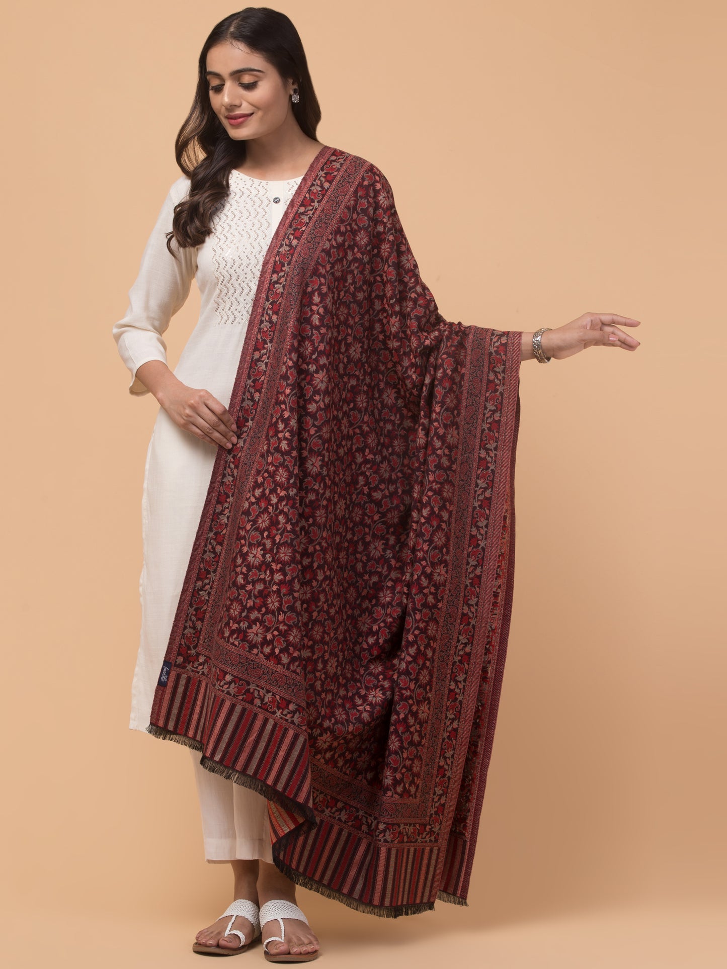 Ethnic Kashmiri Kani Design, Faux Pashmina Shawl - Wine
