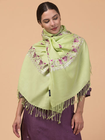 Acro Wool Stole / Wrap with Aari Embroidery Border - Light Green