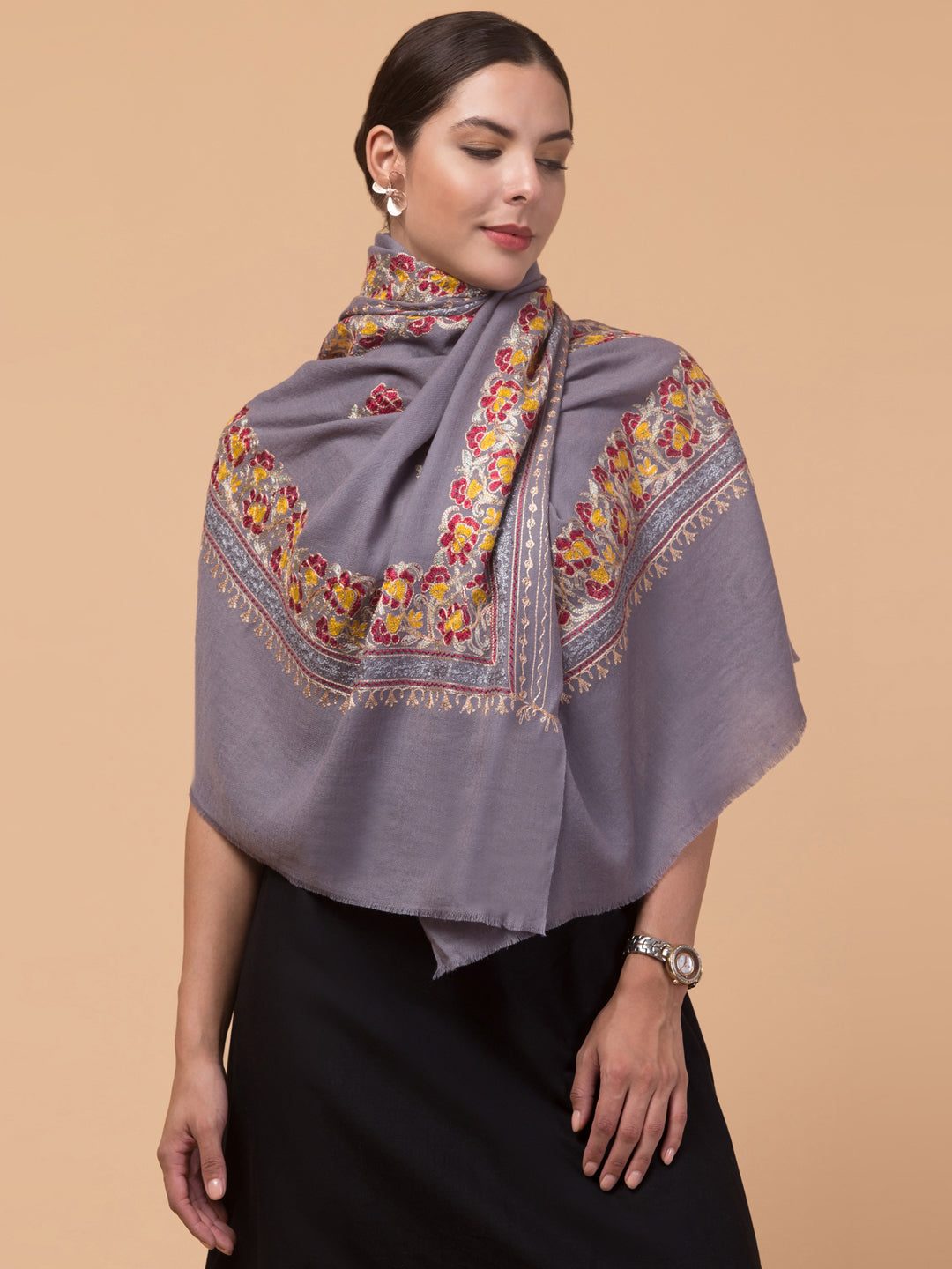 Tweedle Women’s Gulbahaar Aari Embroidery Stole/ Scarf - Grey (Size-28x80)