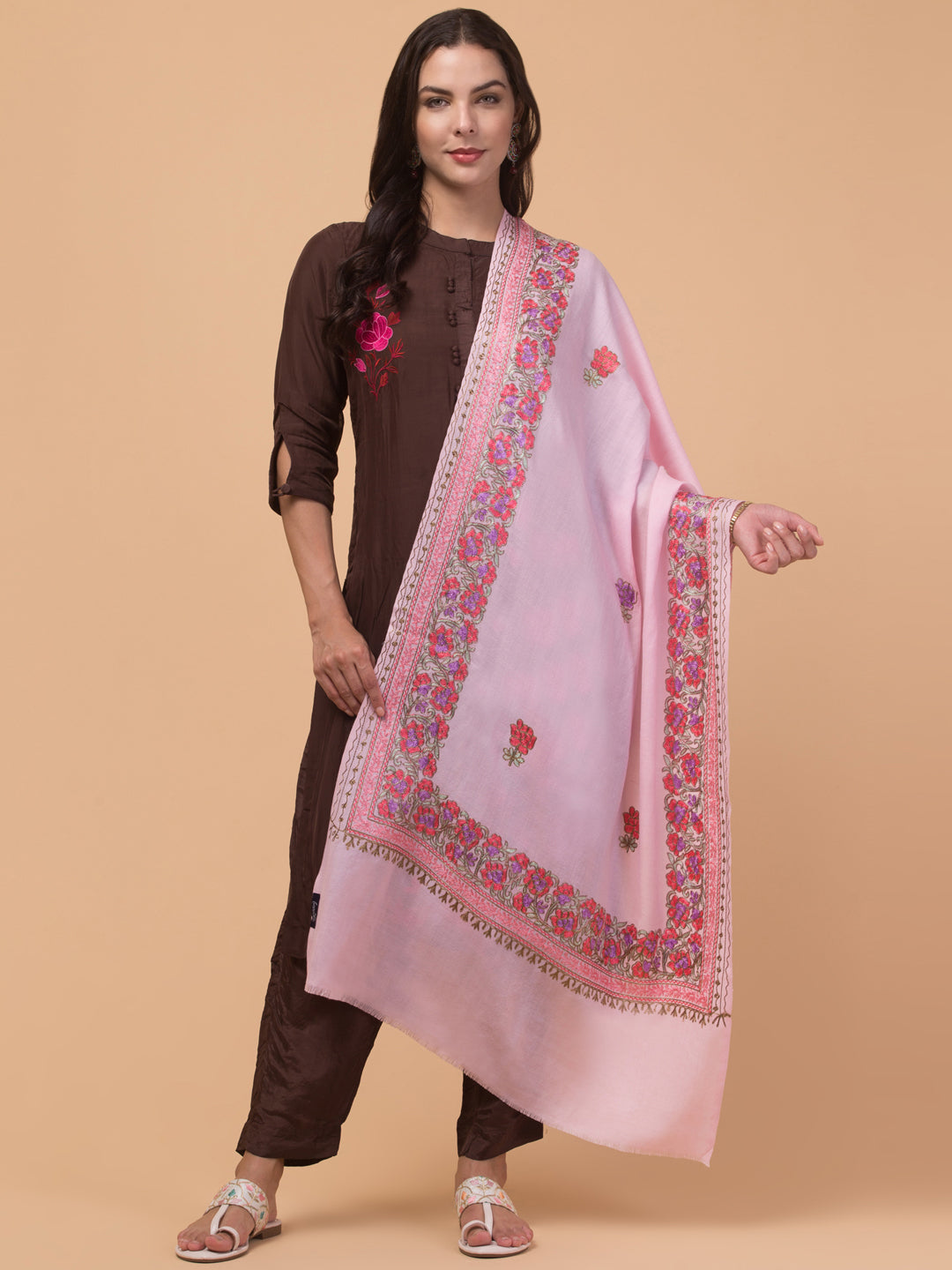 Tweedle Women’s Gulbahaar Aari Embroidery Stole/ Scarf - Pink (Size-28x80)