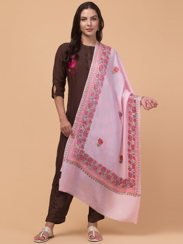 Kashmiri Aari Embroidery Stole, Solid Color with Multicolor Floral Design - Baby Pink