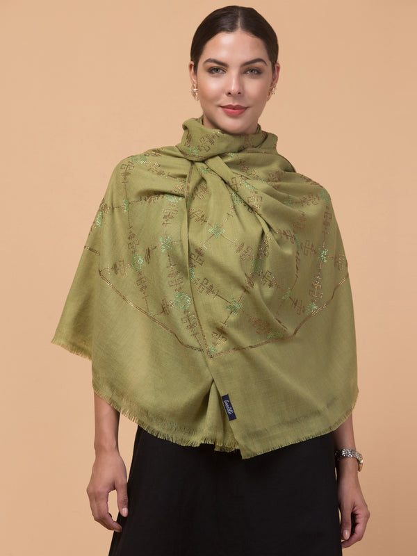 Fine Wool Crystal / Stone Work Stole - Green