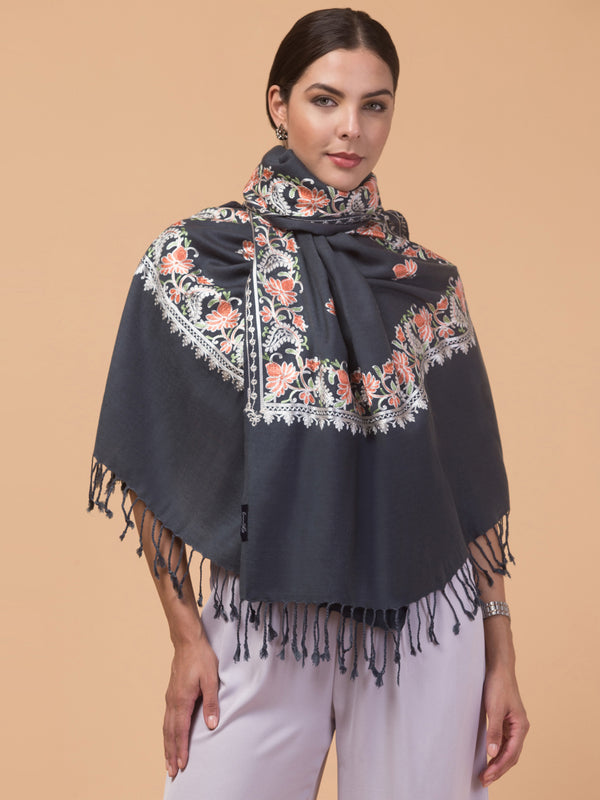 Acro Wool Stole / Wrap with Aari Embroidery Border - Grey