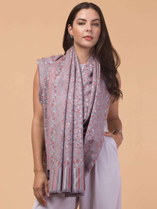 Ethnic Kashmiri Kani Design, Faux Pashmina Shawl - Grey