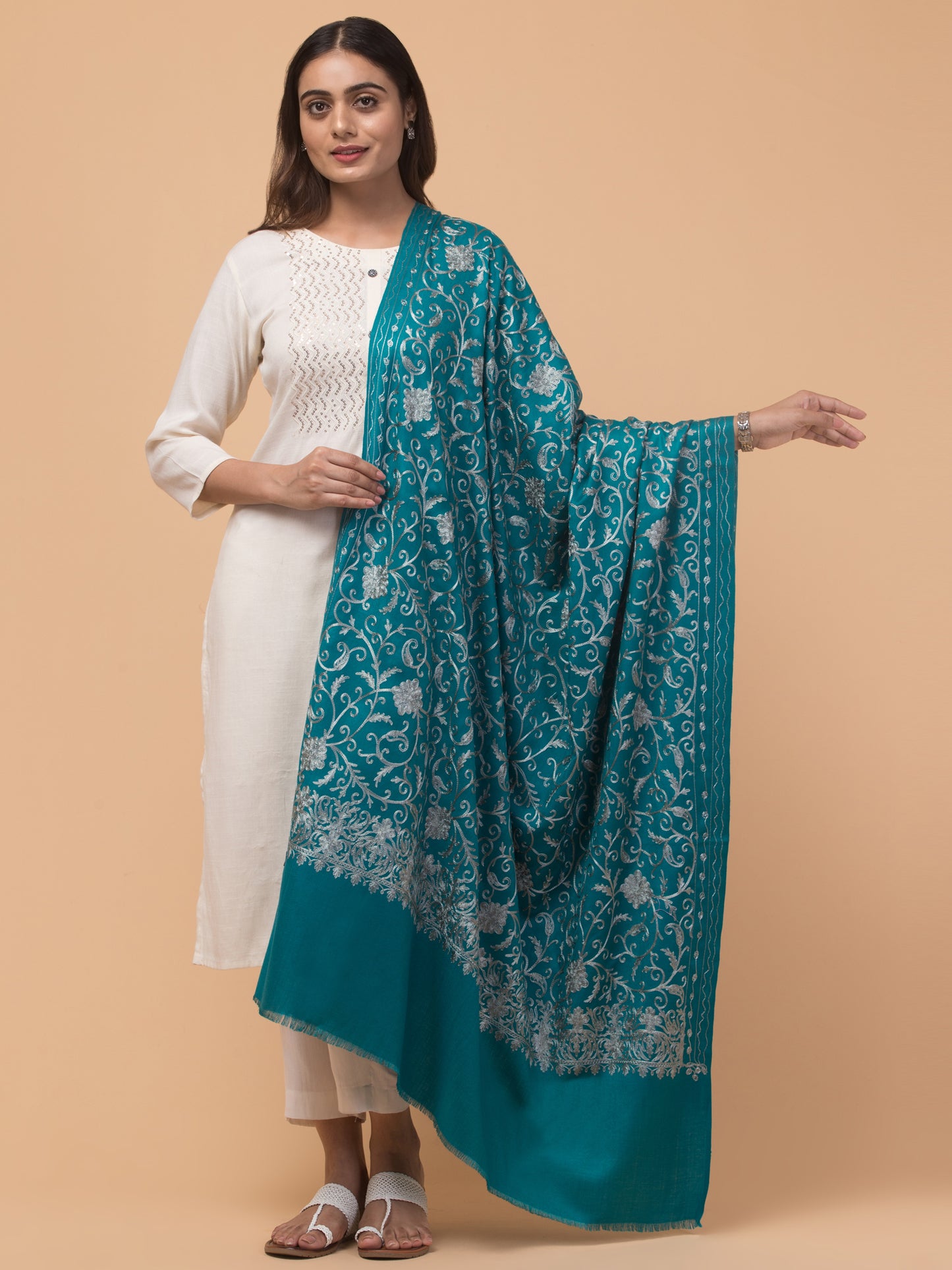 tweedle Kashmiri Aari Embroidery Shawl for Women - Turquoise (40 x 80 inches)