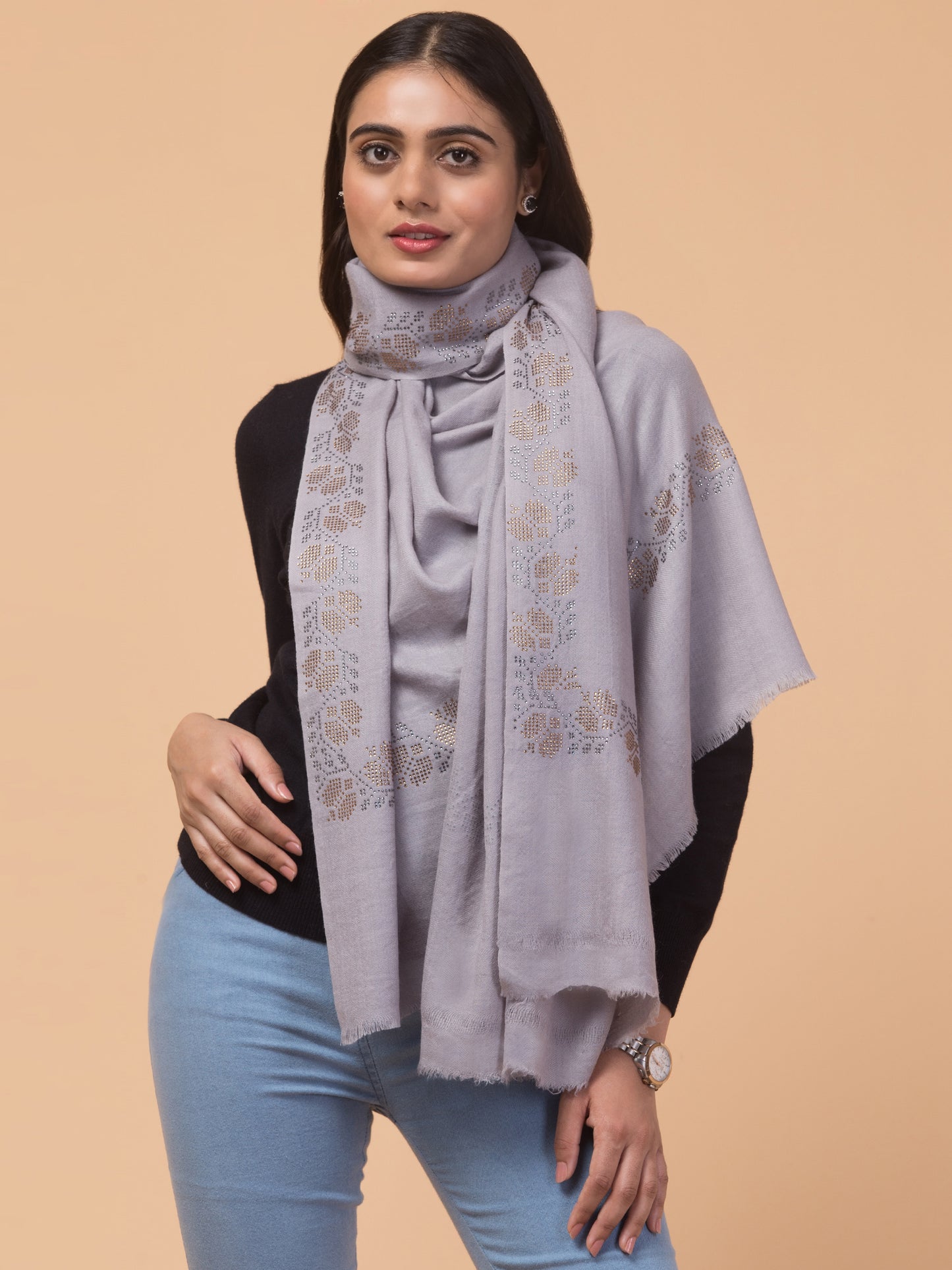 Fine Wool Crystal/Stone Work Stole for Winters - Grey