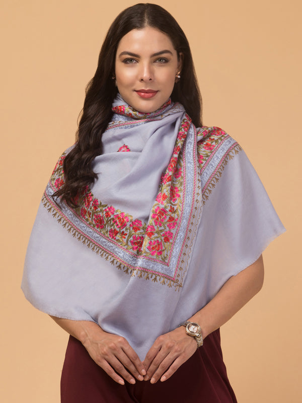 Kashmiri Aari Embroidery Stole, Solid Color with Multicolor Floral Design - Sky Blue