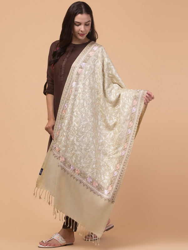 Acro Wool, Soft Feel Kashmiri Embroidery Stole for Winters - Beige