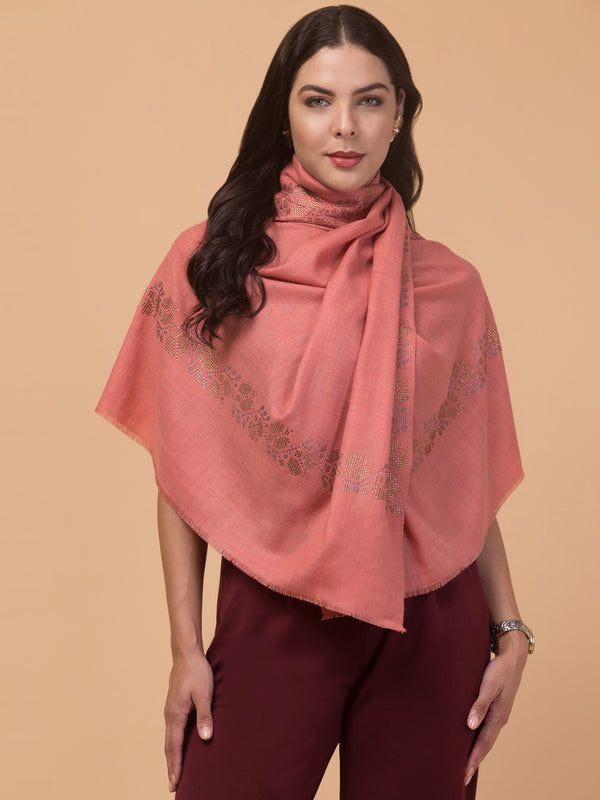 Fine Wool Crystal/Stone Work Stole for Winters - Peach