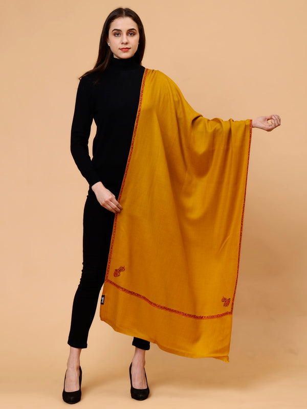 Fine Wool Plain Traditional Kingri Stole with Hand Embroidery Border - Mustard