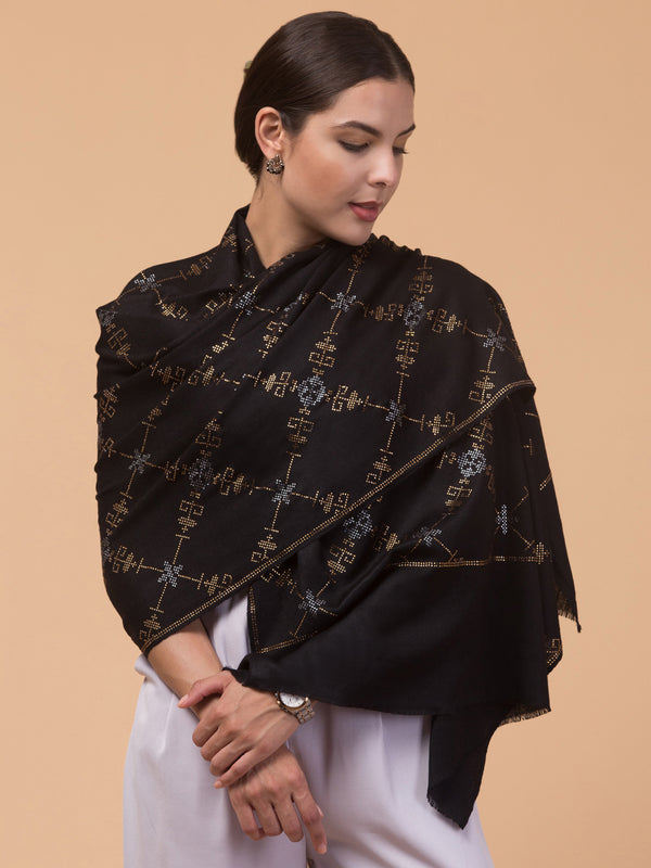 Fine Wool Crystal / Stone Work Stole - Black