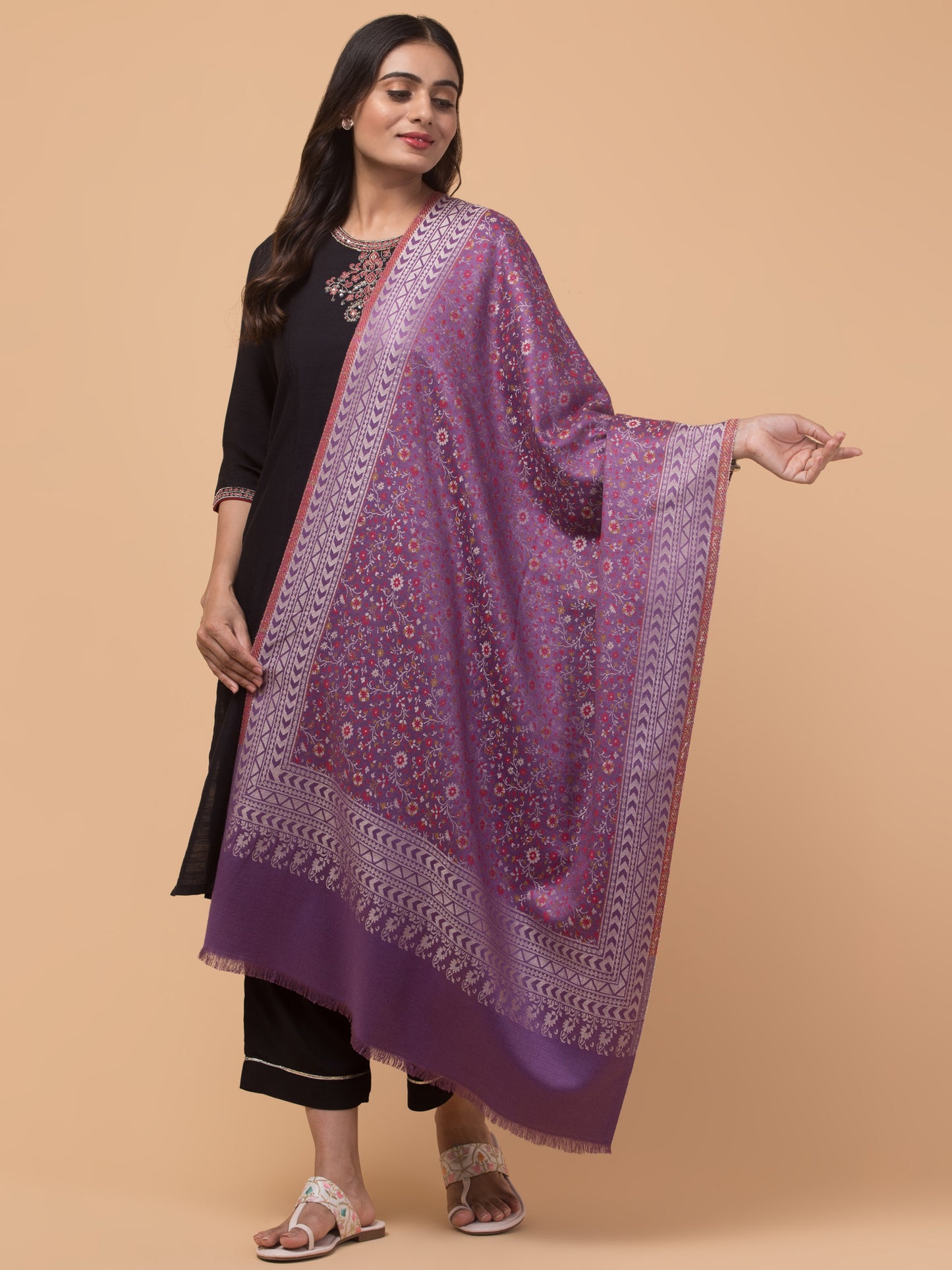 Floral Design Stole with Geometric Zari Border - Purple