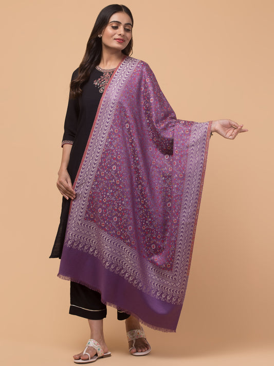 Floral Design Stole with Geometric Zari Border - Purple