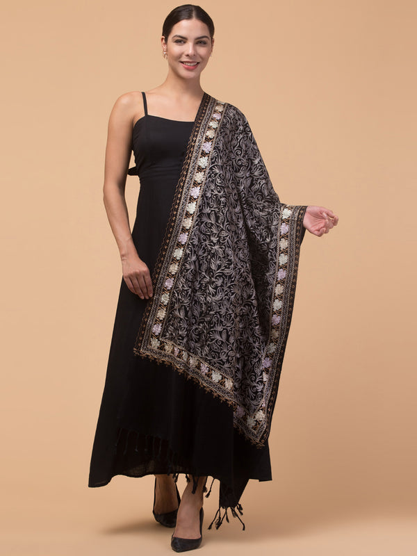 Acro Wool, Soft Feel Kashmiri Embroidery Stole for Winters - Black