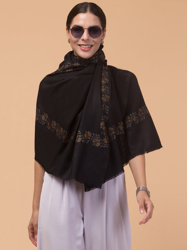 Fine Wool Crystal/Stone Work Stole for Winters - Black