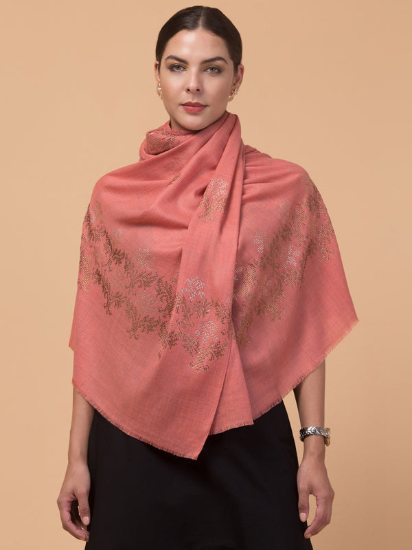 Crystal /Stone Booti Work Fine Wool Stole - Peach