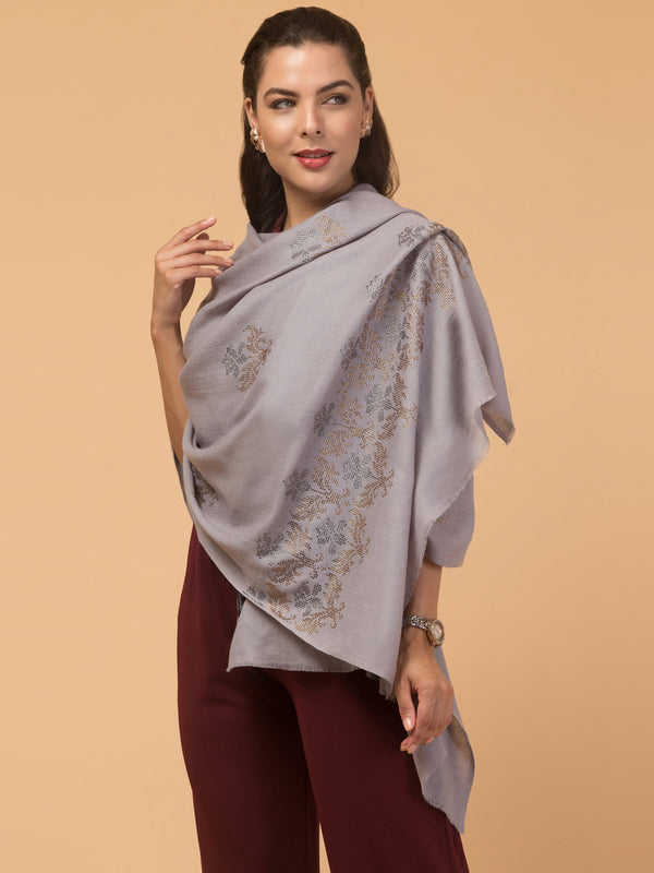 Crystal /Stone Booti Work Fine Wool Stole - Grey