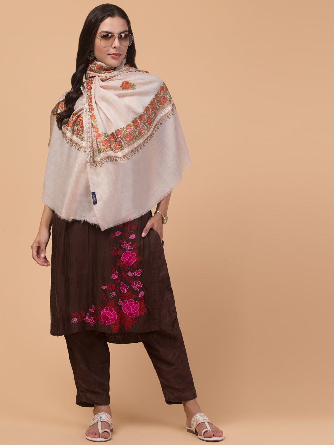 Tweedle Women’s Gulbahaar Aari Embroidery Stole/ Scarf - Off-White (Size-28x80)