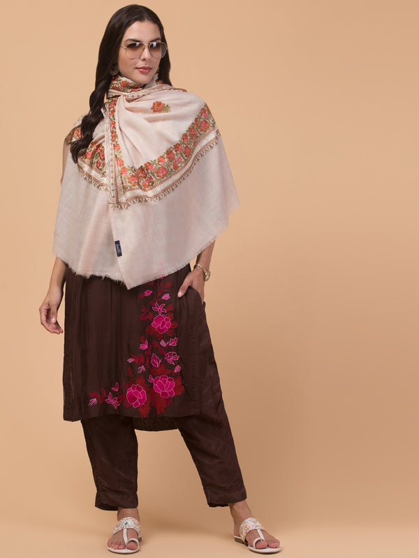 Kashmiri Aari Embroidery Stole, Solid Color with Multicolor Floral Design - Off White