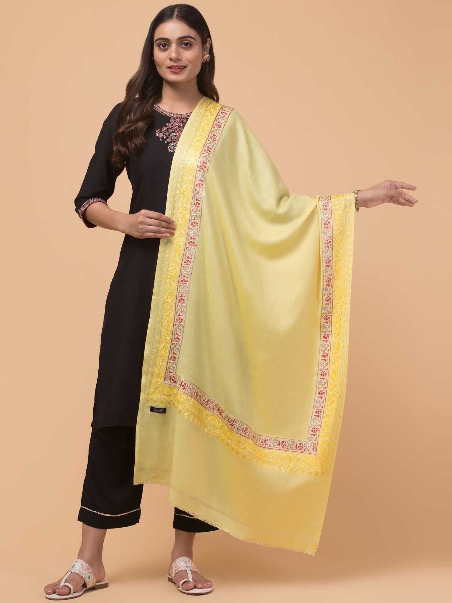 Tweedle Fine Wool Embroidered Stole for Women - Lemon Yellow, Size -28x80