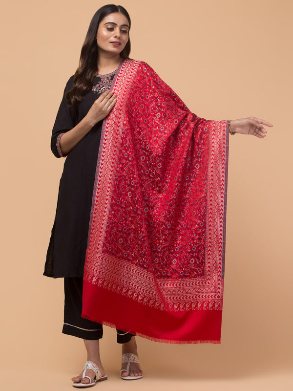 Floral Design Stole with Geometric Zari Border - Red