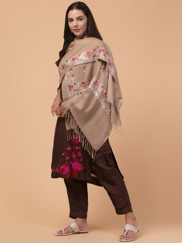 Acro Wool Stole / Wrap with Aari Embroidery Border - Beige