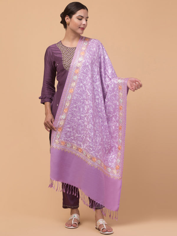 Acro Wool, Soft Feel Kashmiri Embroidery Stole for Winters - Purple