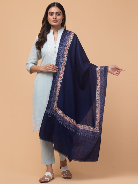 Tweedle Fine Wool Embroidered Stole for Women - Navy Blue, Size -28x80