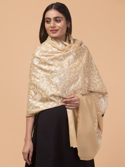 tweedle Kashmiri Aari Embroidery Shawl  for Women - Beige (40 x 80 inches)