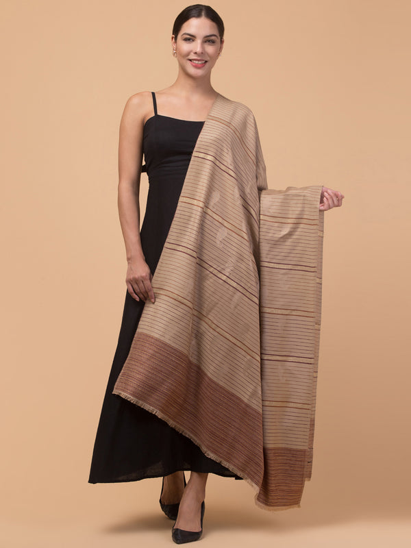 Stripes Design, Beige Zari Weave Acro Wool Shawl