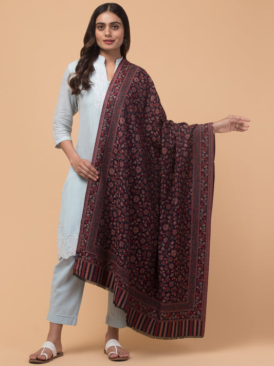 Ethnic Kashmiri Kani Design, Faux Pashmina Shawl - Navy Blue