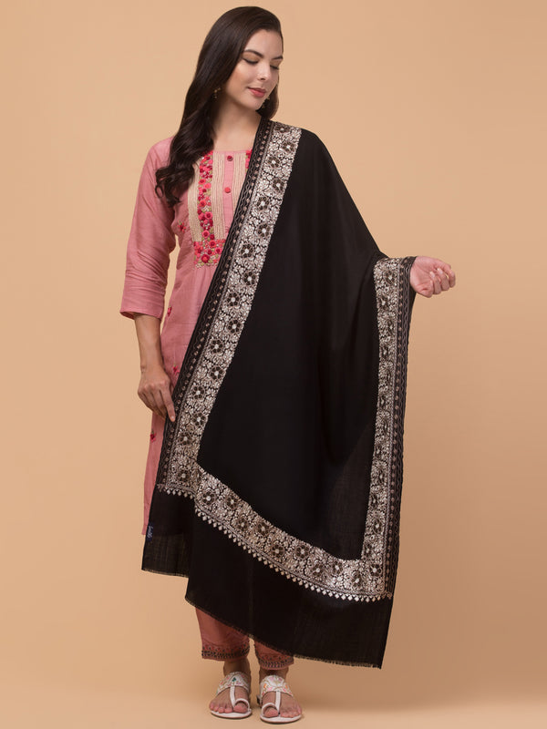 Fine Wool Embroidered Stole, Floral Pattern and Stone Work Border, Black