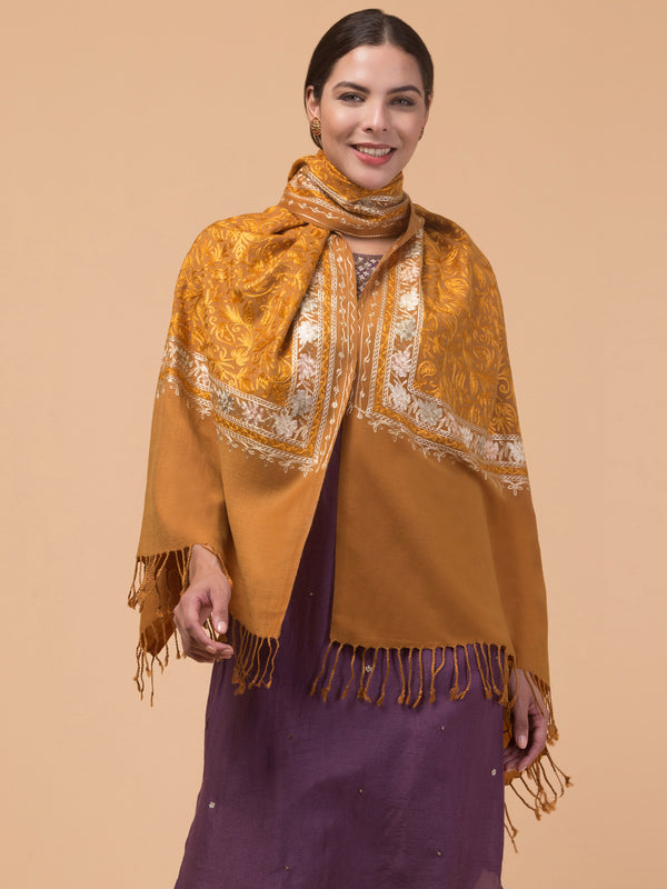 Acro Wool, Soft Feel Kashmiri Embroidery Stole for Winters - Mustard