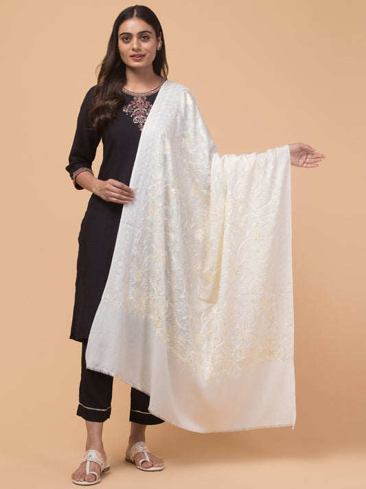 tweedle Kashmiri Aari Embroidery Shawl for Women - Off-White (40 x 80 inches)