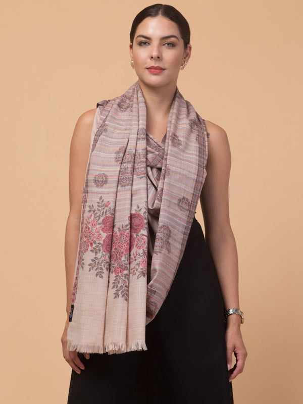 Fine Wool Ethnic Shawl with Rose & Stripes Fusion Design - Off White