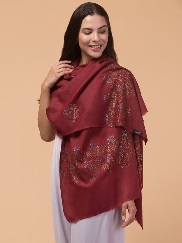 Crystal /Stone Booti Work Fine Wool Stole - Maroon