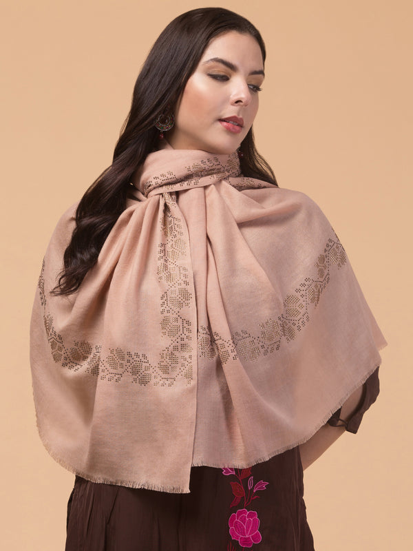 Fine Wool Crystal/Stone Work Stole for Winters - Beige