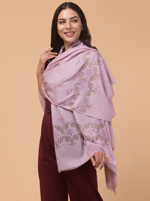 Crystal /Stone Booti Work Fine Wool Stole - Pink