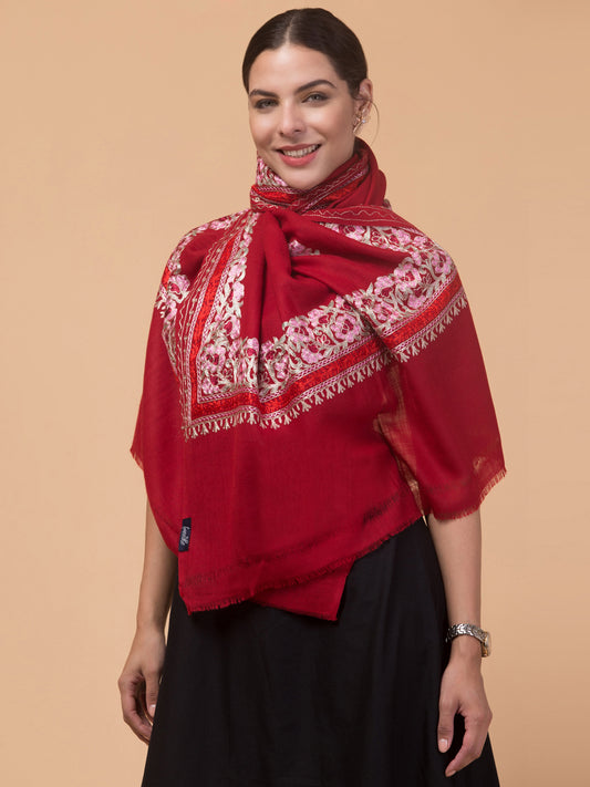 Tweedle Women’s Gulbahaar Aari Embroidery Stole/ Scarf - Red (Size-28x80)